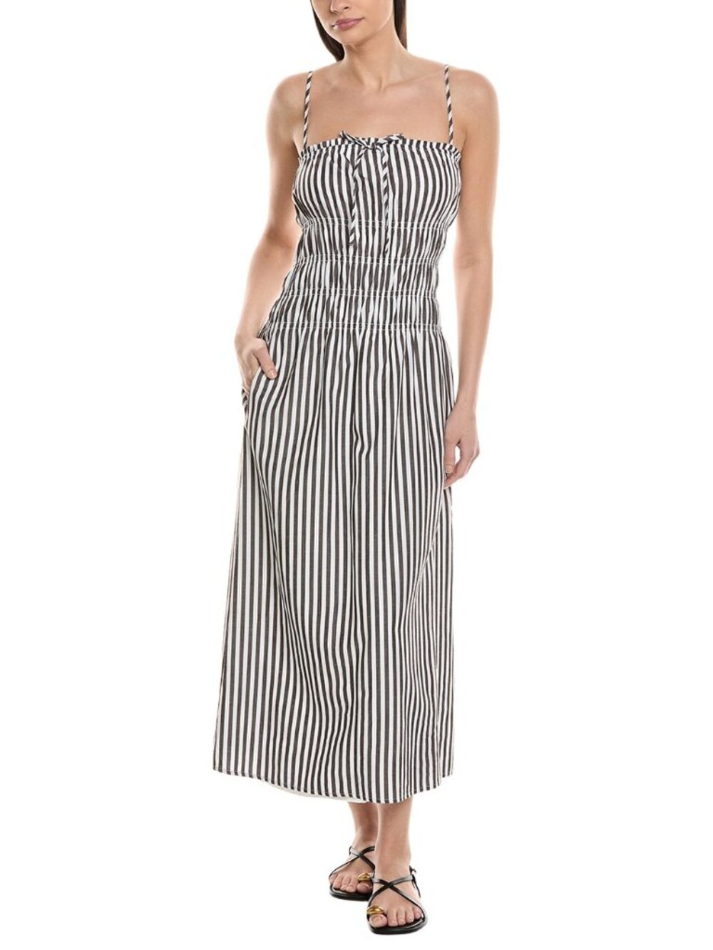 Onia Smocked Midi Dress | Striped Dark Chocolate/White L
